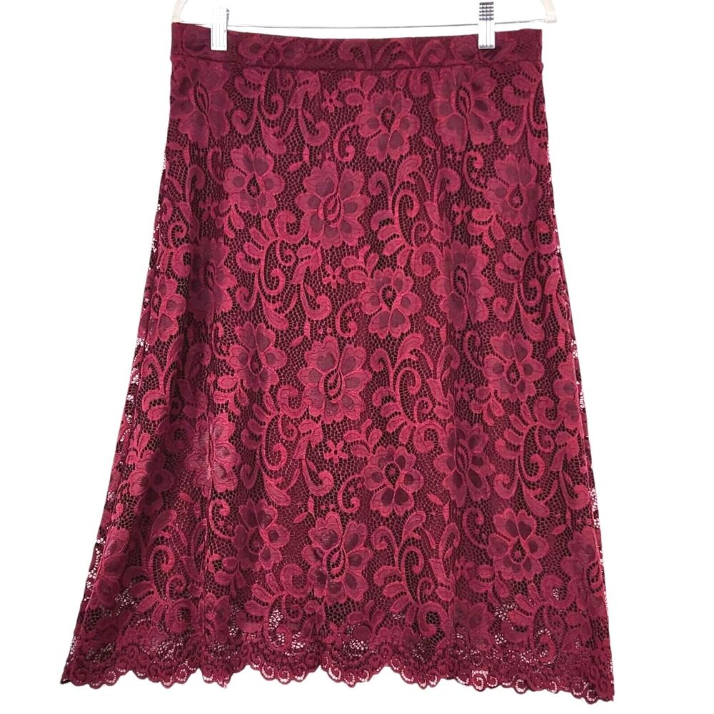 Olivia Blu Long Lace Skirt Large Maroon Floral Lined Stretch Fairy Party Holiday